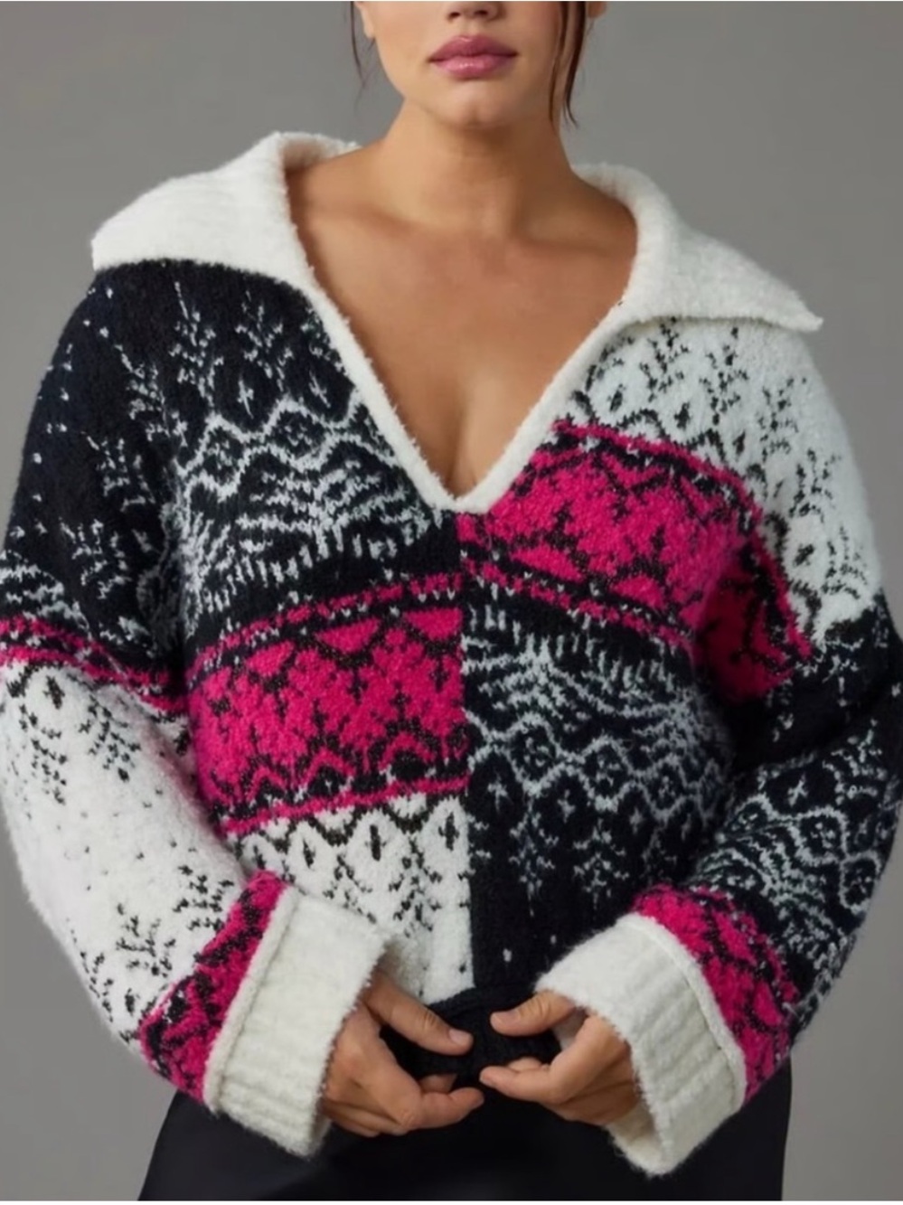 Pilcro Black, White & Pink Patterned Fuzzy V-Neck Cropped Oversized Sweater